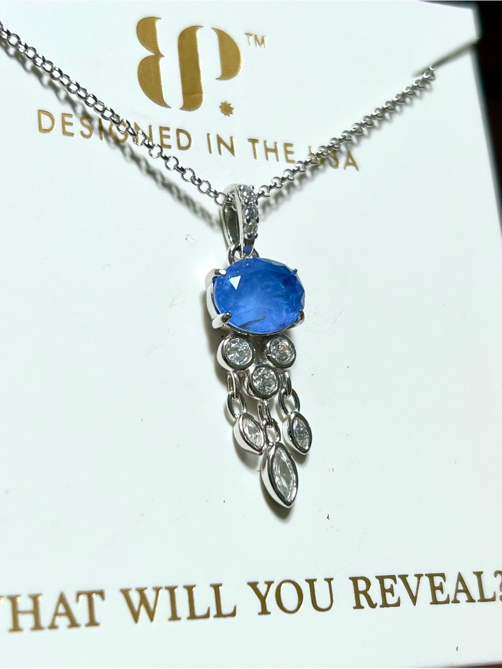 bp Silver Necklace with Blue Stone and Sparkling Accents